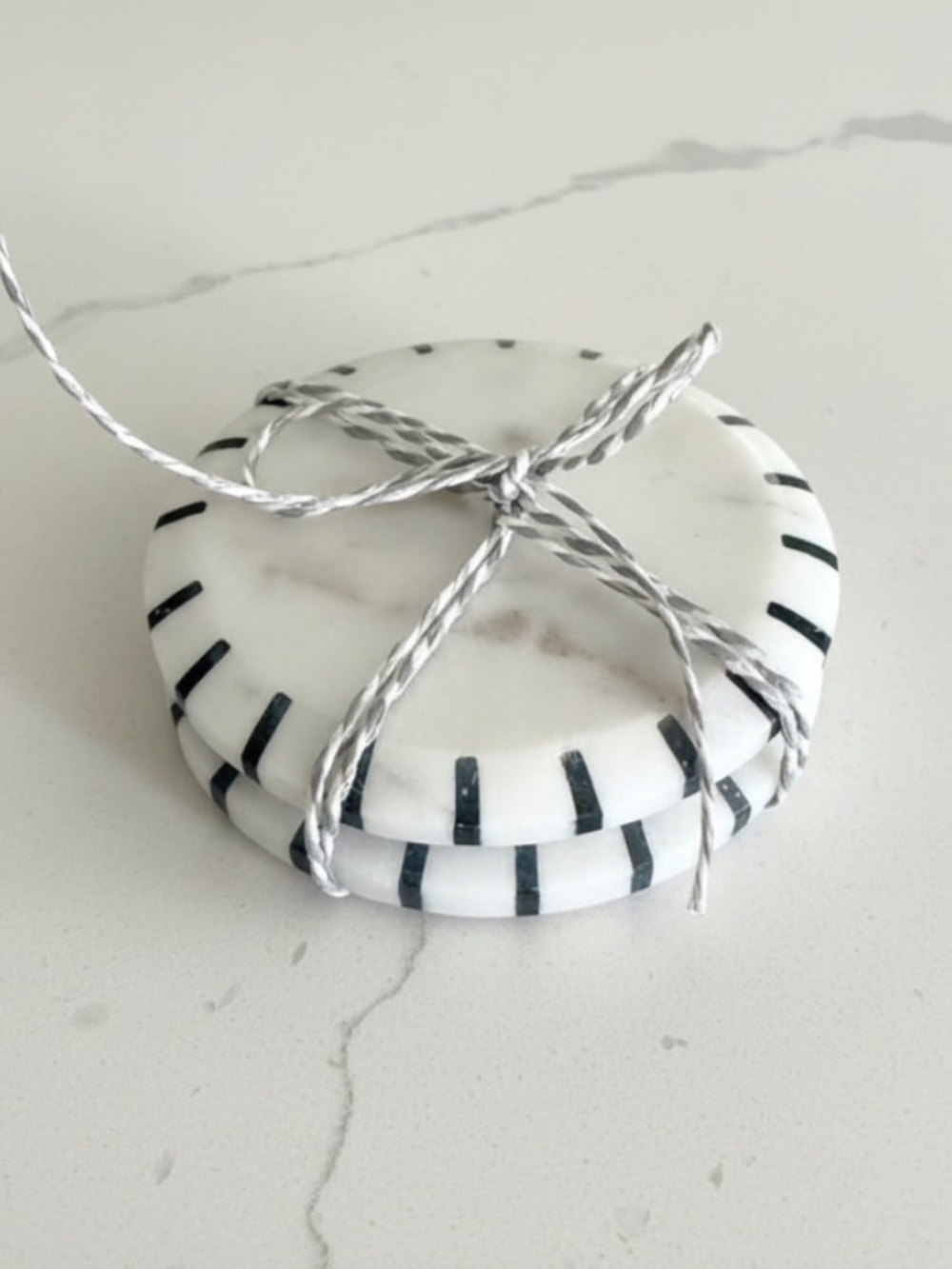 Set/2 White Marble Coasters With Black Ticking Stripes
